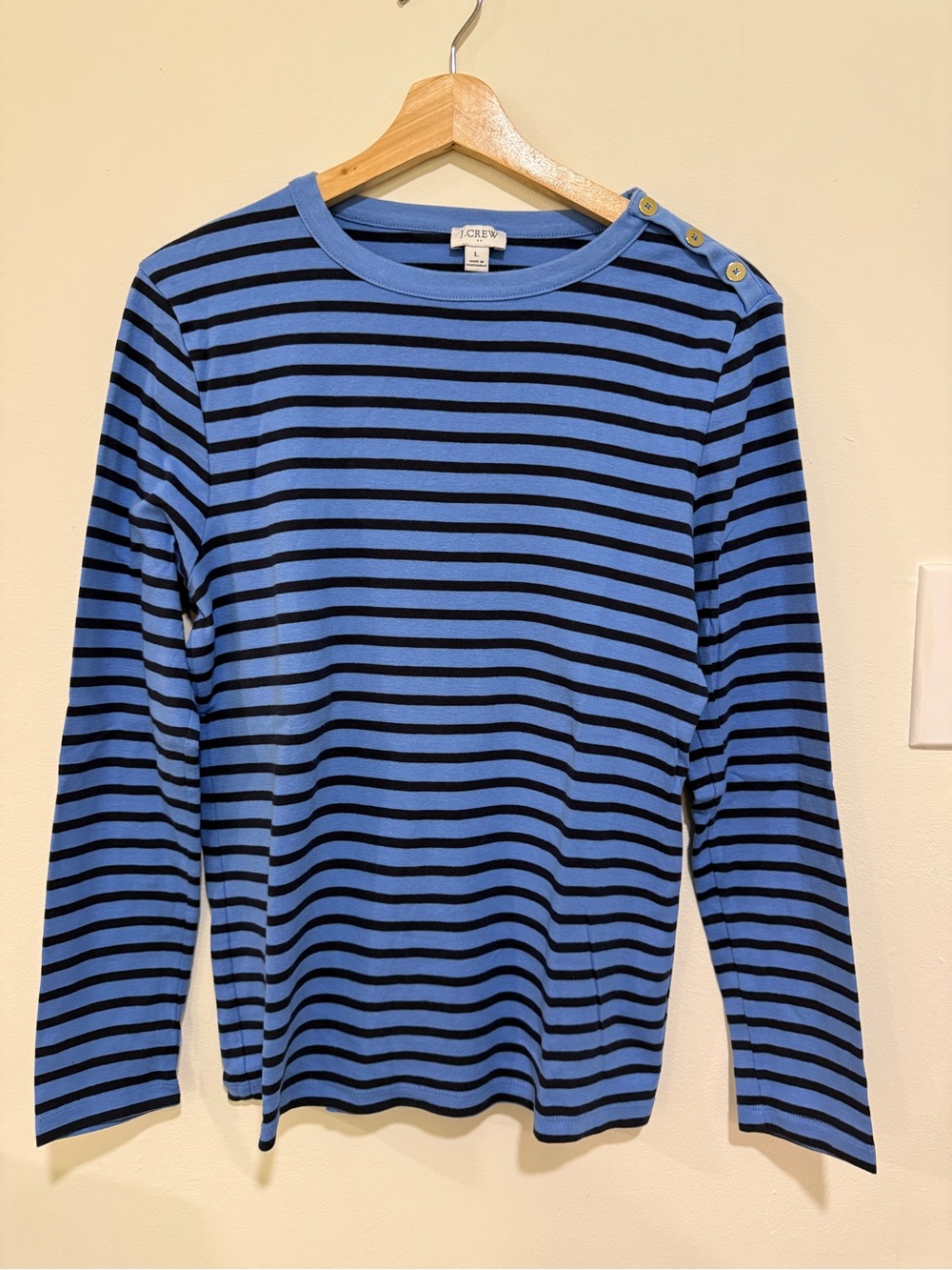 J. Crew Blue and Black Striped Boatneck Long-Sleeve Top with Gold Buttons, L